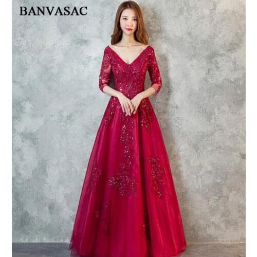 BANVASAC V Neck Sequined 2018 Long Evening Dresses Elegant Party A Line Lace Embroidery Open Back Prom Gowns