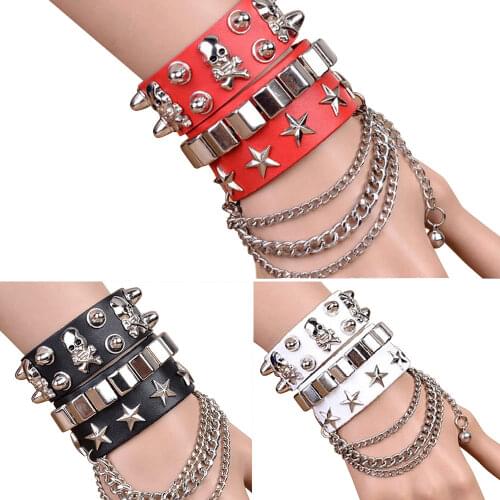 Gothic Skull Punk Jewelry Men Bracelet Women men punk skull Bracelet Rivet Leather Cuff Bangle W/Adjustable Button