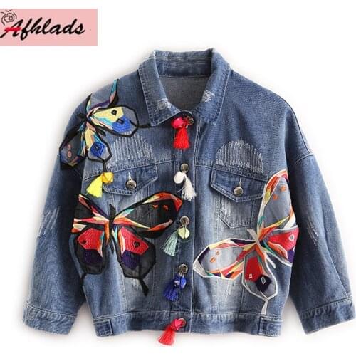 Spring And Autumn New Single-Breasted Embroidered Denim Jacket Applique Cartoon Pattern Long Sleeved Coats Womens Clothing