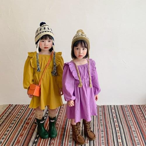 Korean childrens clothing 2021 autumn new Ruffle girls long sleeve dress cotton hemp childrens princess dress