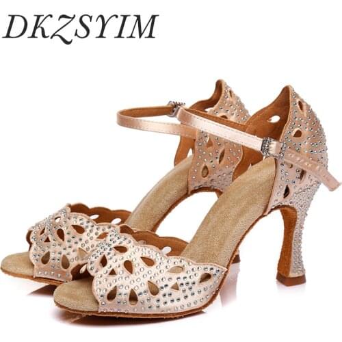 DKZSYIM Latin Dance Shoes Women Satin Rhinestone Shiny Ballroom Dancing Salsa Tango Shoes Cut-Outs Wedding Dancing Sandals High