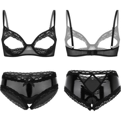 Women Open Nipples Bra Tops Wetlook Patent Leather Unlined Bra Crotchless Briefs Panties Ladies Lingerie Sheer Lace Exotic Sets