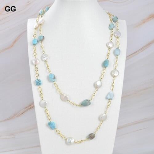 GG Jewelry Natural Stone 49'' Freshwater Coin Pearl Natural Blue Larimars Chain Long Necklace For Women Lady Jewelry