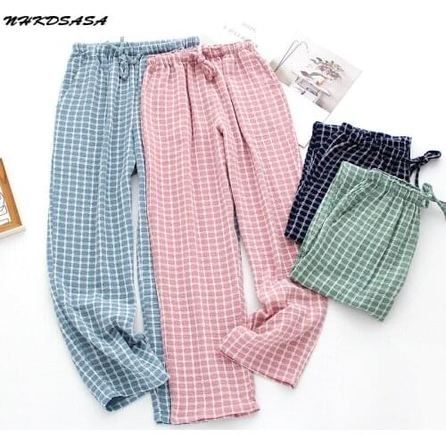 NHKDSASA Mens Cotton Gauze Trousers Plaid Sleep Pants Woman Pajamas Pants Bottoms Sleepwear Short for Couples Pijama Hombre