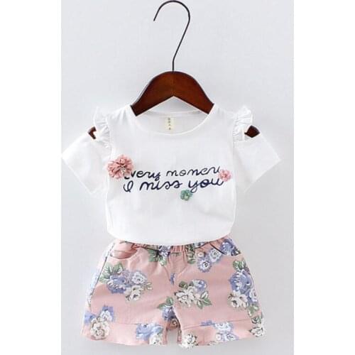 Baby girls Clothes Floral Printed short sleeve strapless t-shirt+pant 2pcs girl set Kid Outfit Lady suit Princess Child set A293
