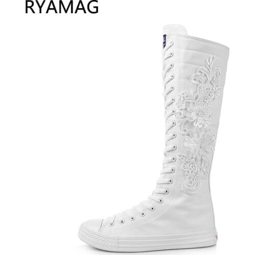 Ryamag 2021 New Womens Canvas Boots Long Dance Boots Shoes Flats Lace Embroidery Zipper Comfortable Vulcanize Sneakers