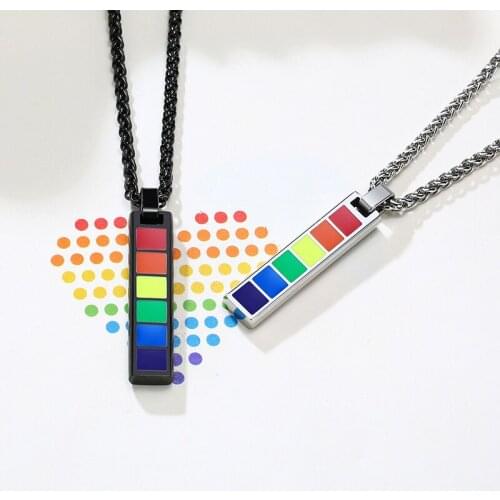 Stylish Rainbow Vertical Bar Pendant Necklaces for Men Women , LGBT Lesbian Male Unisex Jewelry ,60CM Wheat Chain