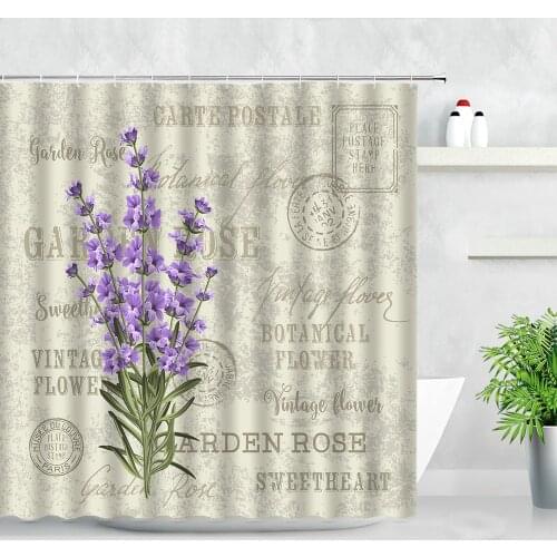 Floral Lavender Shower Curtains Purple Flowers Green Leaf Vintage Stamp Pattern Natural Waterproof Bathroom Decor Bath Curtain