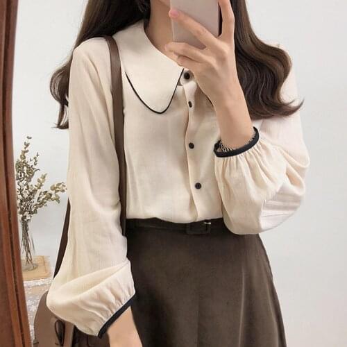 Women Long Puff Sleeve Turn Down Collar Single-breatsed Blouse Top Office Shirt