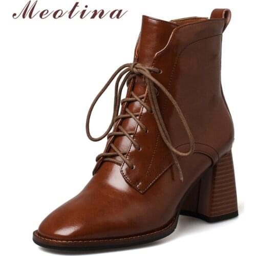 Meotina Genuine Leather Boots Fashion Ankle Boots Women Thick High Heel Shoes Square Toe Ladies Short Boots Autumn 33-40 Brown