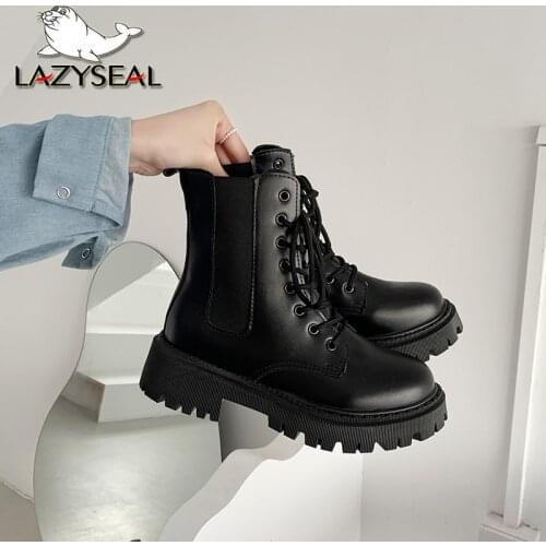 Lazyseal Sweing Cross Tied Chunky Boots Women PU Leather Ankle Boots Platform Motorcycle Booties Female Autumn Shoes Short Boot
