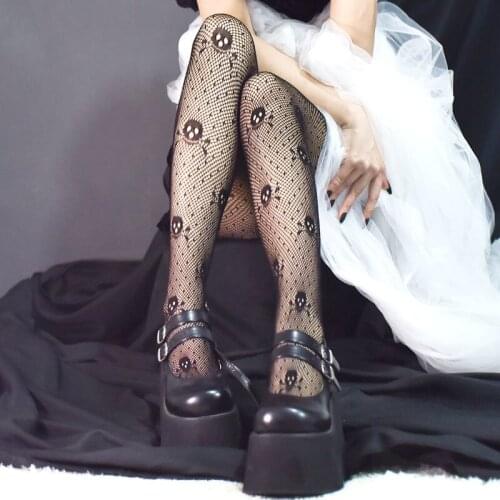 Womens gothic Tights Punk Style Elastic Fishnet Thigh High Stockings Skull Dot Pantyhose Europe Young Teenagers Girls Calcetines