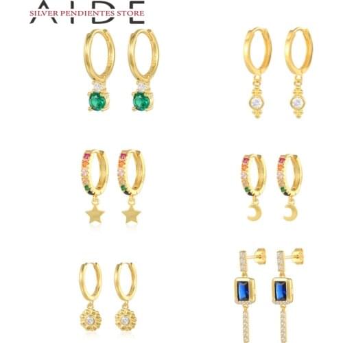 AIDE 925 Sterling Silver Green Zricon Earrings For Women Color Zircon Five-pointed Star Moon Pendant Earring Jewelry Pendientes