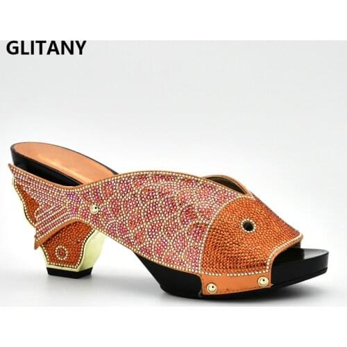 Latest Orange Color Shoes African Women Wedding Shoes High Quality Elegant Italian Women Shoes with Stone High Heels Women Pumps