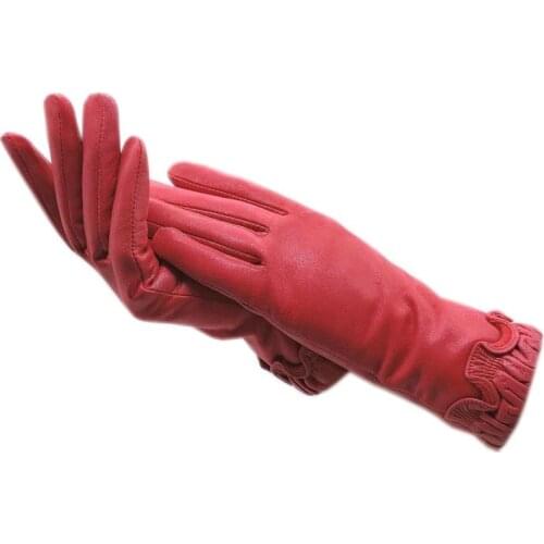 Gloves winter ladies wrist fashion sheepskin gloves pink new warm leather thickened super soft lining driving goatskin long glov