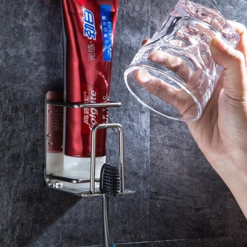 Toothpaste and cup holder toothbrush accessories stainless steel non-perforated bathroom toothpaste and toothbrush cup holder