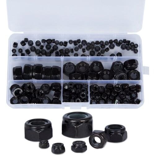 165pcs Black Hex Nut Nylon M3 M4 M5 M6 M8 M10 M12 Lock Nuts Hardward Fastener Insert Screw Nut Kit with Case