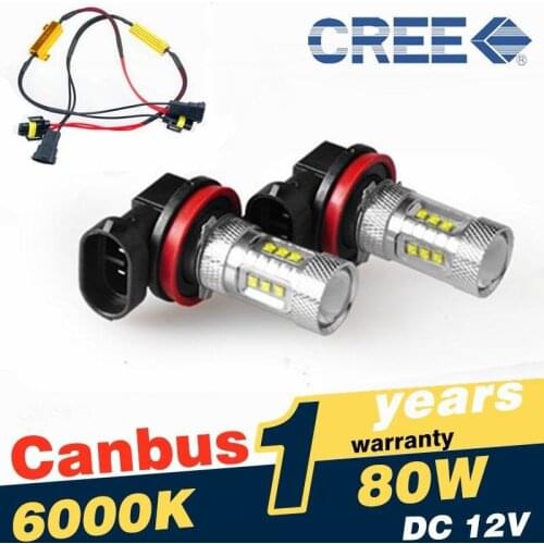 2Pcs H8/H11 Auto Car LED Fog DRL Light High Power 80W Canbus Error Free Car Lighting With H8/H11 Auto Led Decoder Load Resistor