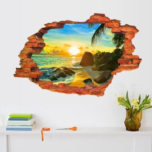 3D Broken Wall Sunset Scenery Seascape Island Coconut Trees Household Adornment Can Remove The Wall Stickers