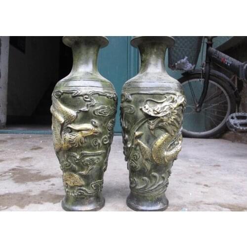 Free Shipping 27cm A Pair China Royal Palace Copper Bronze Dragon Phoenix Play Bead Bottle Pot Vase