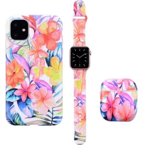 For iPhone 12 11 Pro X XS MAX XR 7 8 Plus Fashion Flower Pattern Case Watch Band Strap 38/40/42/44 Earphone Airpods Pro Case