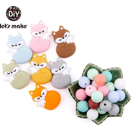 Lets Make Silicone Beads Teething Cartoon Fox Bead Animals 5pcs DIY Pacifier Clip For Children Newborn Baby Teething Toys