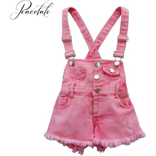2-10T Summer Children Kids Little Girls Romper Shorts Denim Shorts Jeans Cotton Denim Bib Braces Rompers