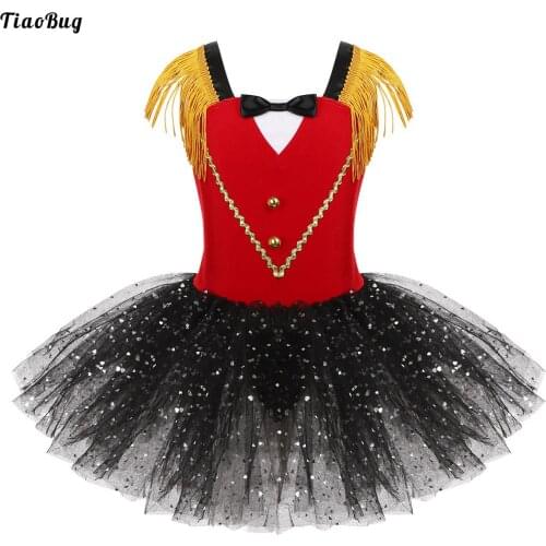 Kids Girls Halloween Circus Ringmaster Costume Dancewear Sleeveless Tassel Bowtie Foil Sequins Mesh Tutu Gymnastics Leotard