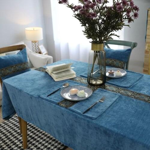 Double-Sided Velvet Blue Embroidered Tablecloth European Classic Style Table Cover High Quality Thicken Rectangular Table Cloths