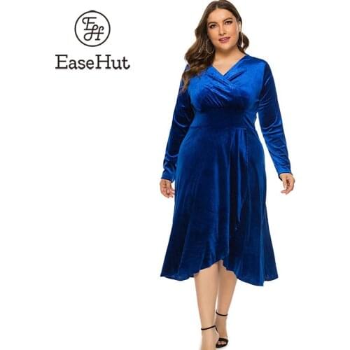 EaseHut Elegant Women V-neck Winter Velvet Dresse Plus Size Long Sleeve Midi Dress Oversize 2020 New Female Spring Vestidos