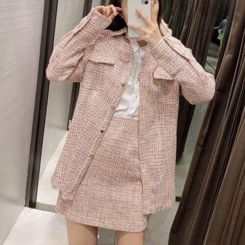 Elegant women pink tweed outerwear 2020 fashion ladies pocket jackets with sashes sweet female button outerwear chic girls