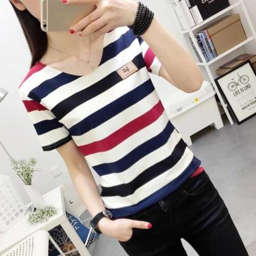 Stripe Printed WomenS T-Shirts V-Neck Slim Korean Style Summer Top Tee Tight T-Shirt Minimalism Tshirts Casual Tops Woman