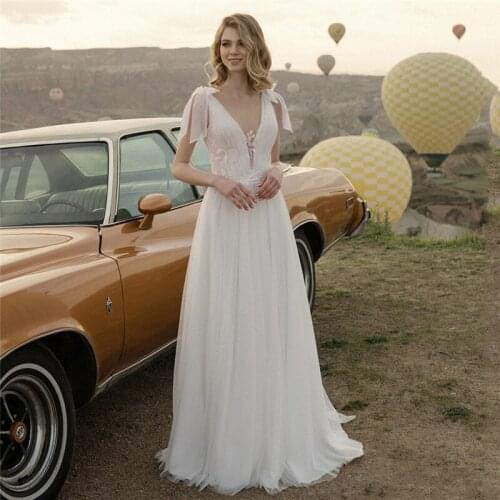 Illusion Scoop Neck Simple Tulle A-Line Wedding Dress Sexy Backless Lace Appliques Beach Bridal Gowns White Vestidos De Novia