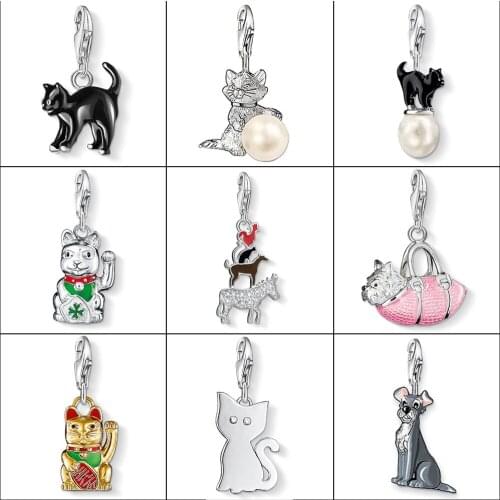 Chicken Dog Fortune Cat Pet Charm Pendant Pearl 925 Sterling Silver Rose Gold Pink Good Luck Jewelry for Bracelet Necklace Gifts