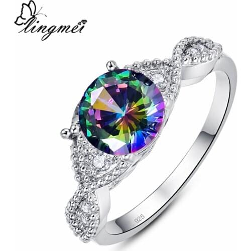 Lingmei Cocktail Mysterious Rainbow Multicolor Blue White Zircon Silver Color Ring Size 6 7 8 9 Wedding Band Engagement Rings