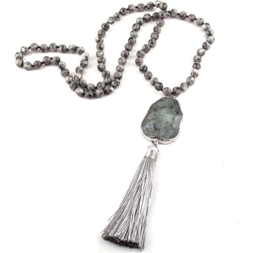 Fashion Fashion Bohemian Jewelry Gray Stone Knotted Stone Link Tassel Necklaces For Women