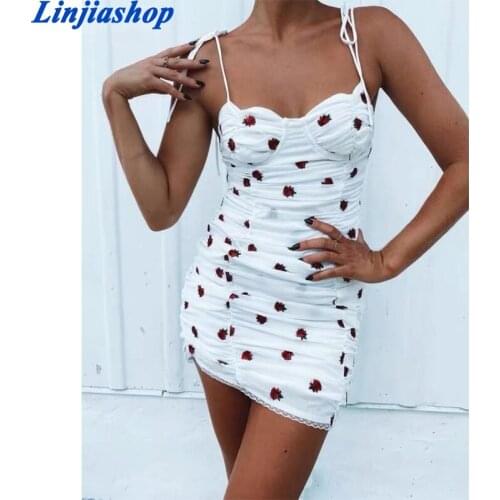 Holiday Slim Red Rose Print Mini Dress Vestidos Cute Adjust Spaghetti Straps Summer Dress Vintage Tank Girl Dress