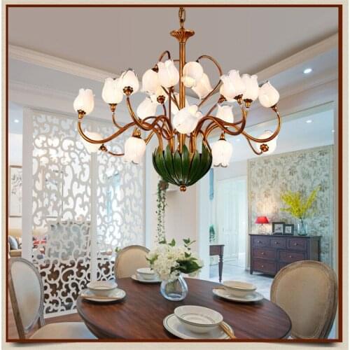 Glass Flowers Green Leaves Chandeliers American Garden Artistic Suspension Lighting Living Room Art Deco Hanging Lamp 21 Lights