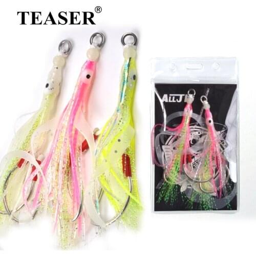 TEASER 5Bags Soft Squid Fishing Lure Luminous Silicon Streamer Hand Tied Hook Deep Sea Fishing Special Artificial Octopus Bait