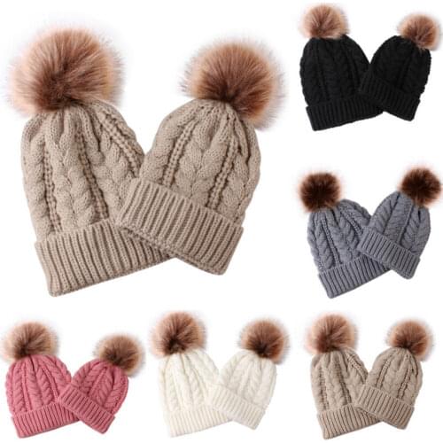 5 Colors Womens Mother Baby Matching Knitting Pom Bobble Hat Kids Winter Warm Beanie Cap