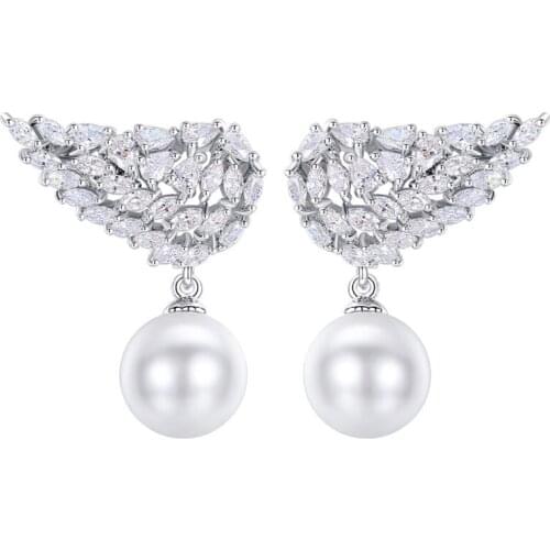 Zlxgirl jewelry Brand Cubic Zircon Stud Earring gifts High End angle wings pearl wedding bridal earrings Free velvet bags