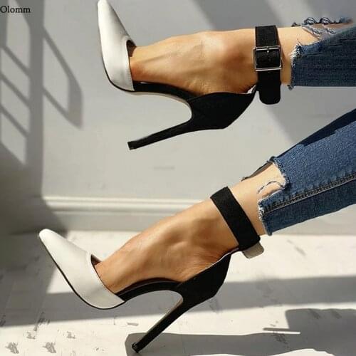 Olomm Handmade Women Summer Ankle Strap Pumps Sexy Stiletto Heel Pointed Toe Elegant Black Party Dress Shoes Women US Size 5-15