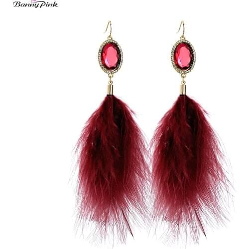 Banny Pink Bohemia Feather Earrings For Women Long Tassel Earrings Party Geometric Oval Dangle Earrings Chic Statement Earrings