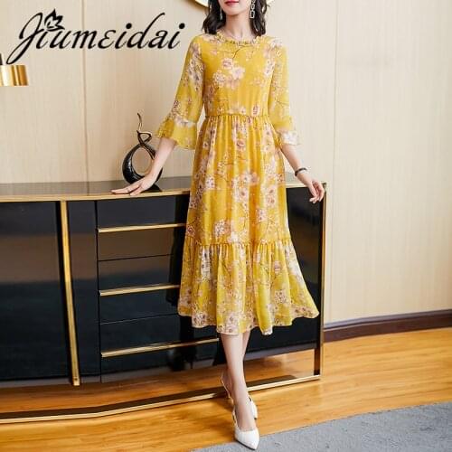 JiuMeiDai Women Spring A-Line Dress Office Lady Elegant Floral Chiffion Dresses Female O-Neck Fahion Party Clothing Plus Size