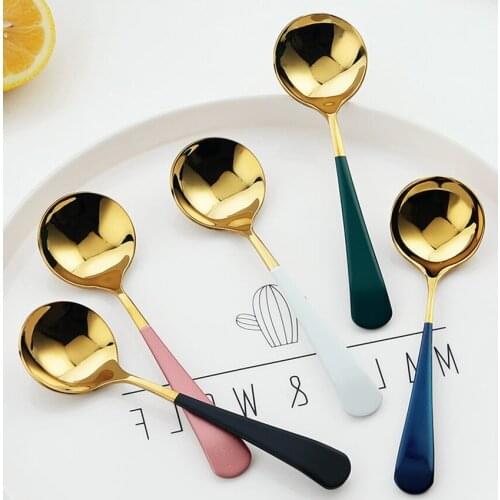 1pcs Stainless steel Spoon Children Short Handle Round Head Spoon Food Kitchen Tableware Rice Spoon for Home Canteen 5 colors
