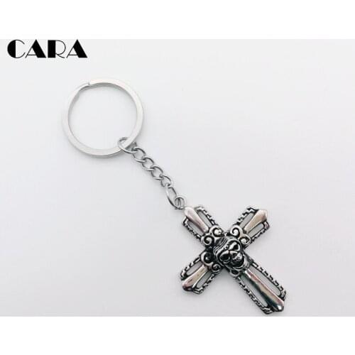 CARA 2019 New Gold color Hollow out cross hangin key charms mens 316L Stainless steel punk skull cross key chains CARA0530-KC