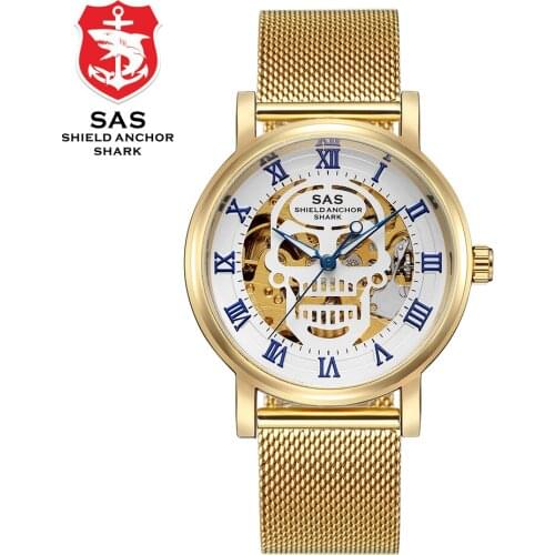 Shark brand golden Skeleton Business Watches For men 3D Luminous Hands steel strip mechanical watch Tourbillon made of Man watch