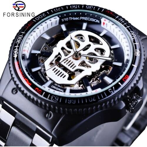 Forsining Sport Series Steampunk Skull Design Black Stainless Steel Luminous Skeleton Watch Mens Automatic Watches Top Brand