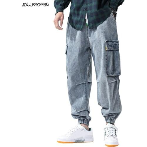 Vintage Men Light Blue Harem Joggers Japan Style Washed Retro Drop Crotch Denim Pants Side Flap Pocket Hip Hop Loose Cargo Jeans