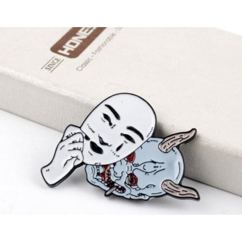 Enamel Horror-Demon Woman Pin Devil-Mask Brooch Japanese Culture Inspired Jewelry Pins Jean Shirt Bag Cartoon Jewelry Gift